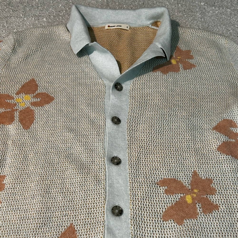 Marine Layer Cream Short-Sleeve Knit Button-Down with Peach Floral - Picture 4 of 7